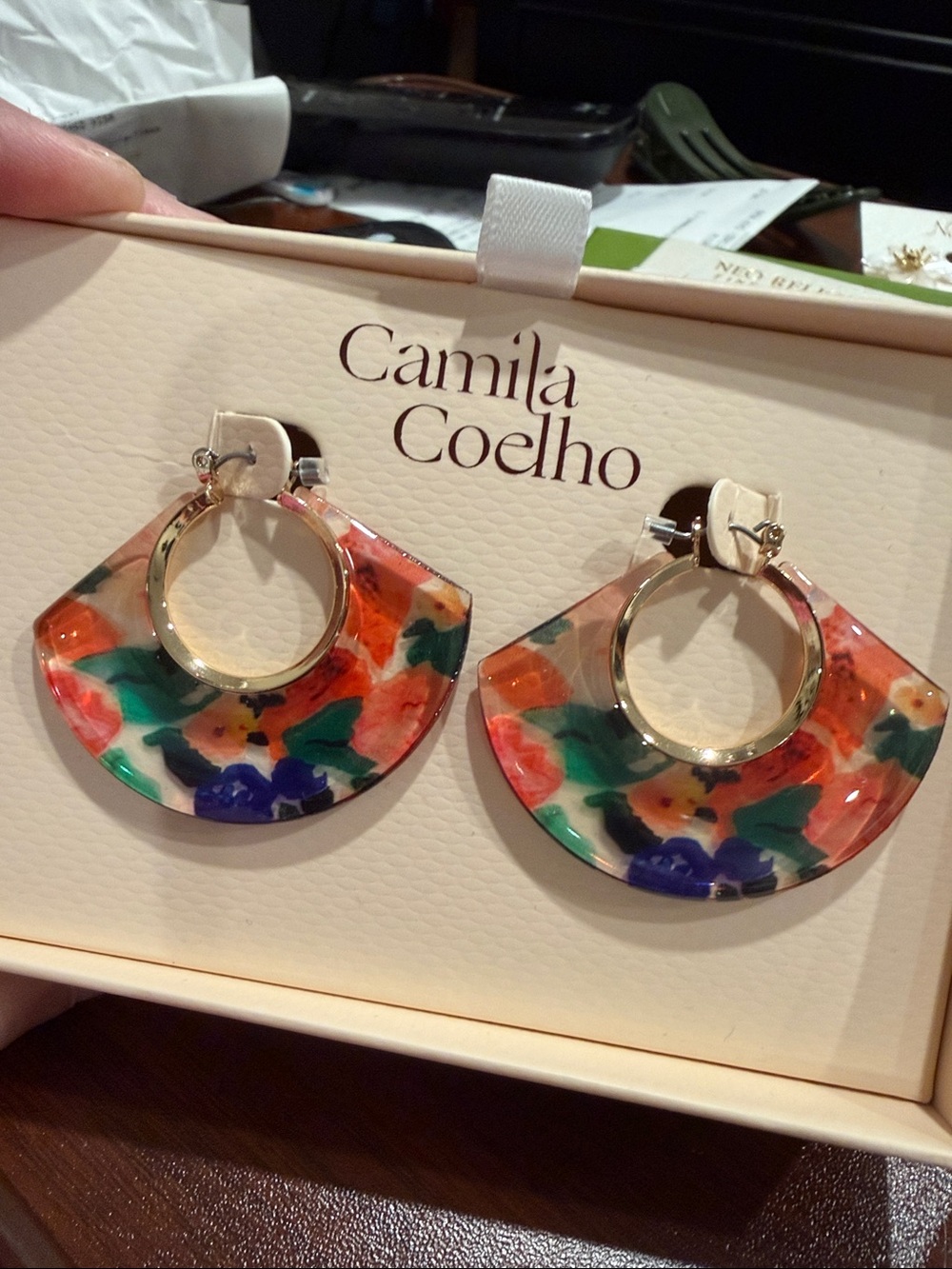 Camila Coelho Floral Multicolor Resin Hoop Earrings with Gold Rings